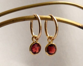 Gold garnet earrings, Dainty Garnet hoop earrings, Round faceted garnet earrings, January birthstone gift, Anniversary gift, Gift for her