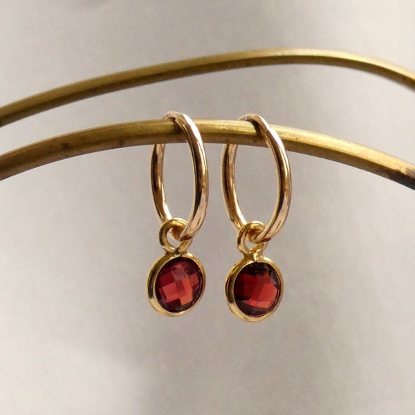 Gold garnet earrings, Dainty Garnet hoop earrings, Round faceted garnet earrings, January birthstone gift, Anniversary gift, Gift for her