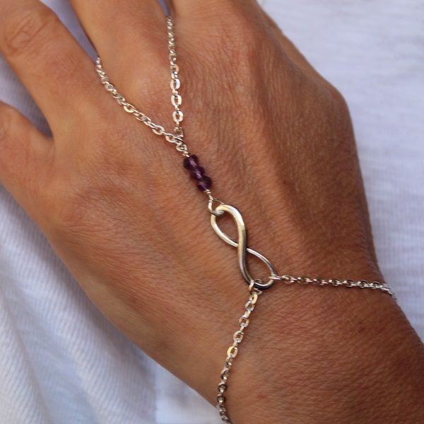 Infinity amethyst silver chain slave bracelet, Silver slave bracelet, Slave bracelet ring, Finger bracelet, February birthstone bracelet