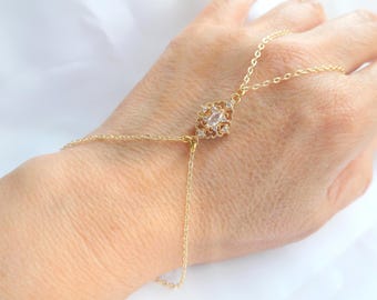 Gold Crystal Hand Chain Bracelet, Bridal Jewelry