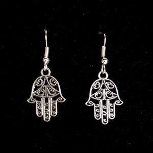 Silver Hamsa Filigree Earrings: Hand of Fatima Amulet Jewelry