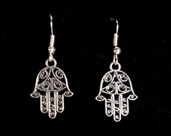 Silver Hamsa Filigree Earrings: Hand of Fatima Amulet Jewelry