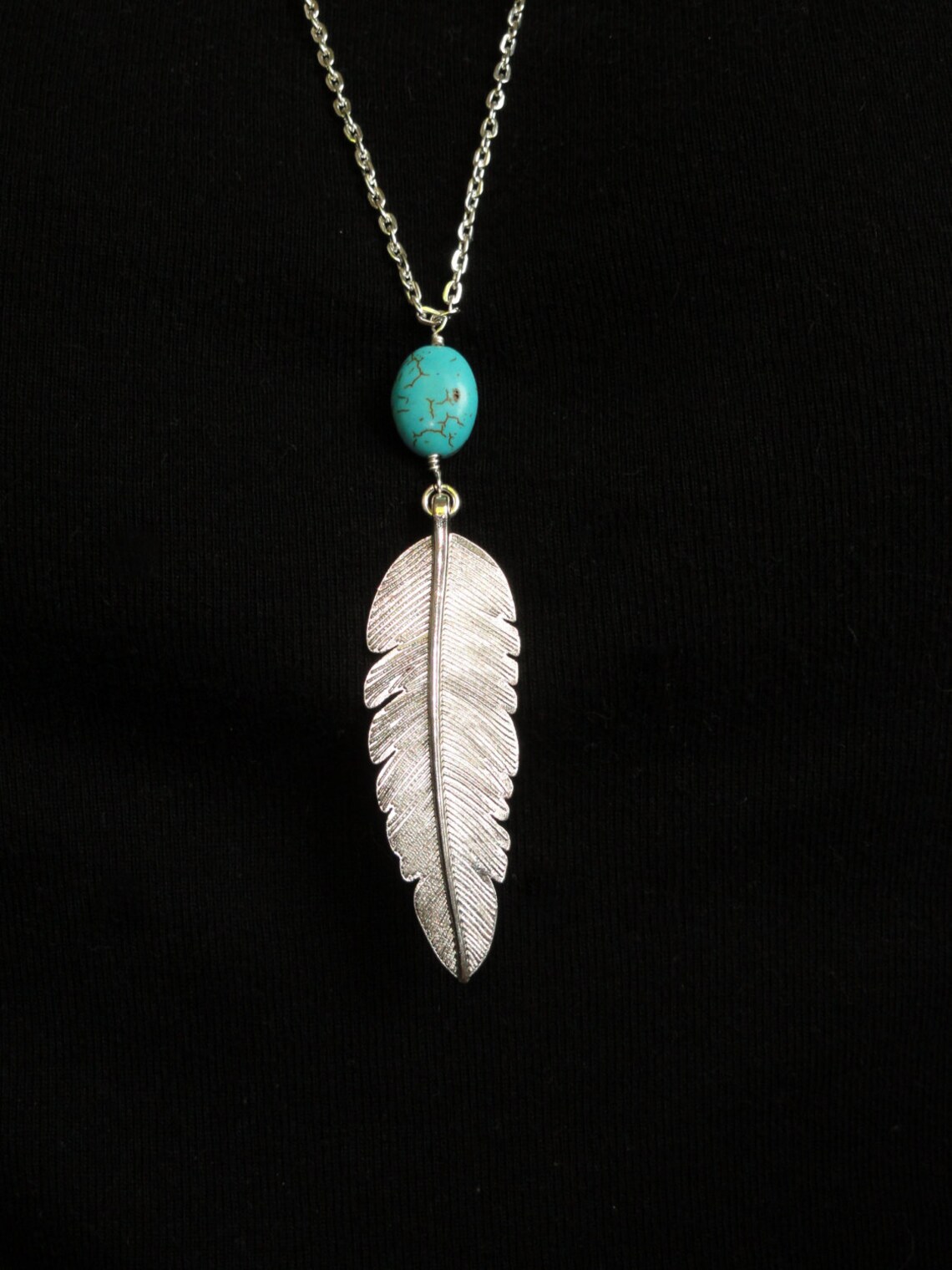 Feather & Turquoise Longer Length Necklace