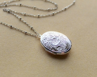 Silver picture locket necklace, Oval flower picture locket, Photo gift, Gift for Mum, Grandmother, Nan, Long layering necklace