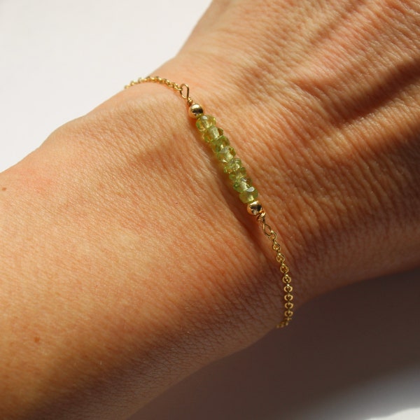 Gold peridot bracelet, Birthstone bracelet, Gold gemstone bracelet, Green stone bracelet, August birthstone gift, Delicate bracelet