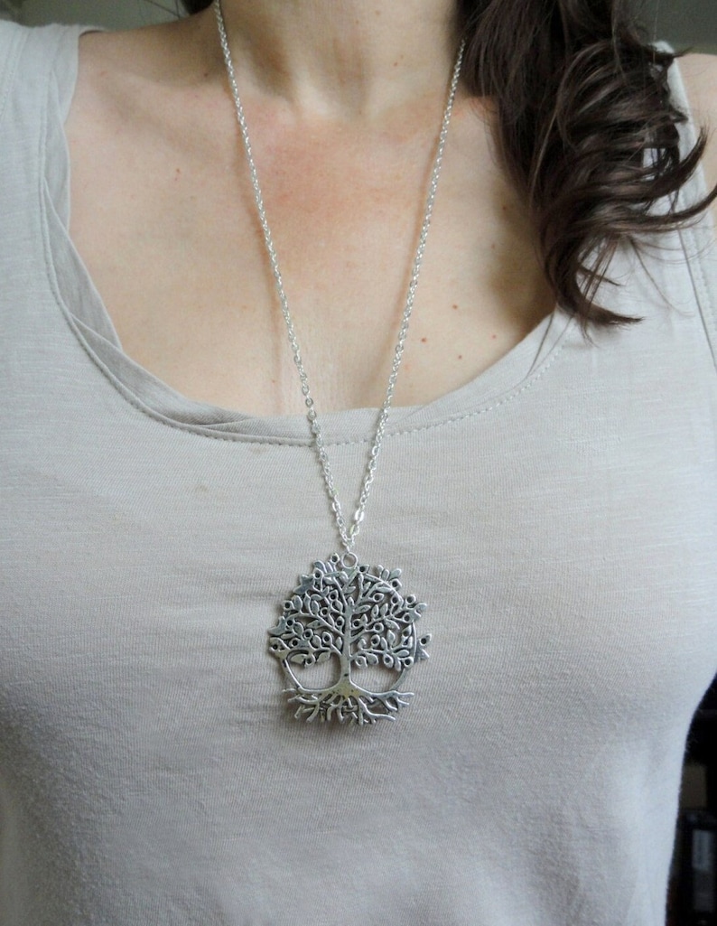 Silver large tree of life necklace, Tree necklace, Long silver tree necklace, Tree of life necklace, Nature jewellery, Gift for Mum / Nan image 1