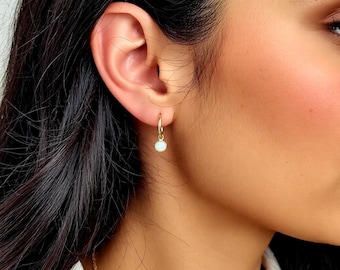 Moonstone Huggie Hoop Earrings in gold: June Birthstone Gift