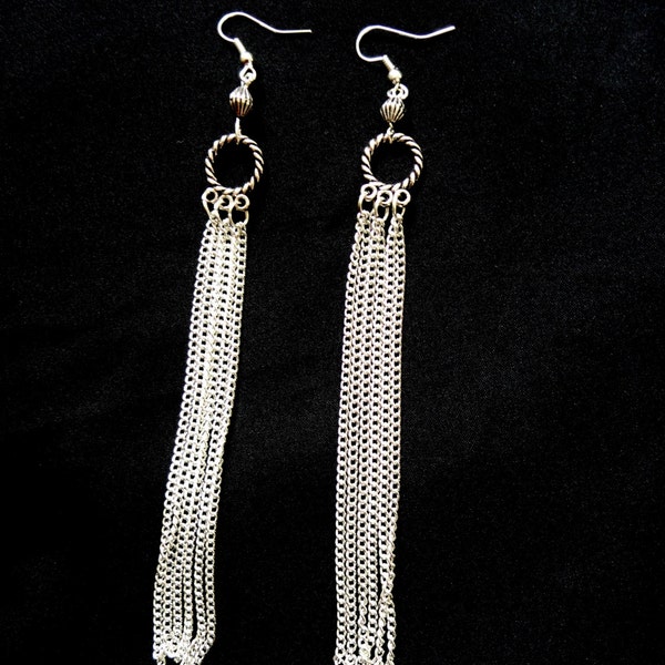 Silver chain tassle earrings, Long silver earrings, Silver chain earrings, Elegant silver earrings