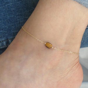 Tiger&#39;s Eye Gemstone Anklet: Gold Filled Chain Ankle Bracelet