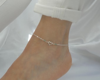 Silver Emerald and Crystal Heart Anklet: May birthstone jewellery