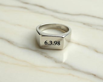 Personalisierter Siegelring, Rechteckiger Unisex Siegelring mit Datum oder Nachricht