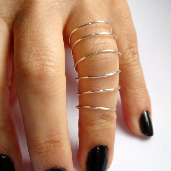 Silver wire full finger ring, Long silver spiral wire ring, Adjustable silver wire ring