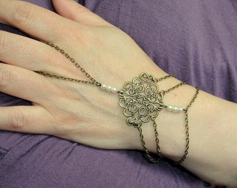 Bridal pearl slave bracelet, Multistrand pearl slave bracelet, Bronze hand bracelet, Bridal pearl hand jewellery, Wedding bracelet