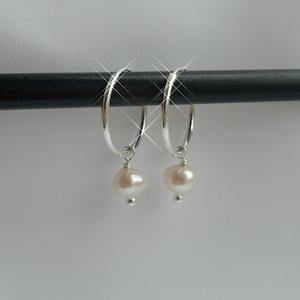 Sterling Silver Hoop Earrings: Ivory Freshwater Pearl, Bridal Jewelry