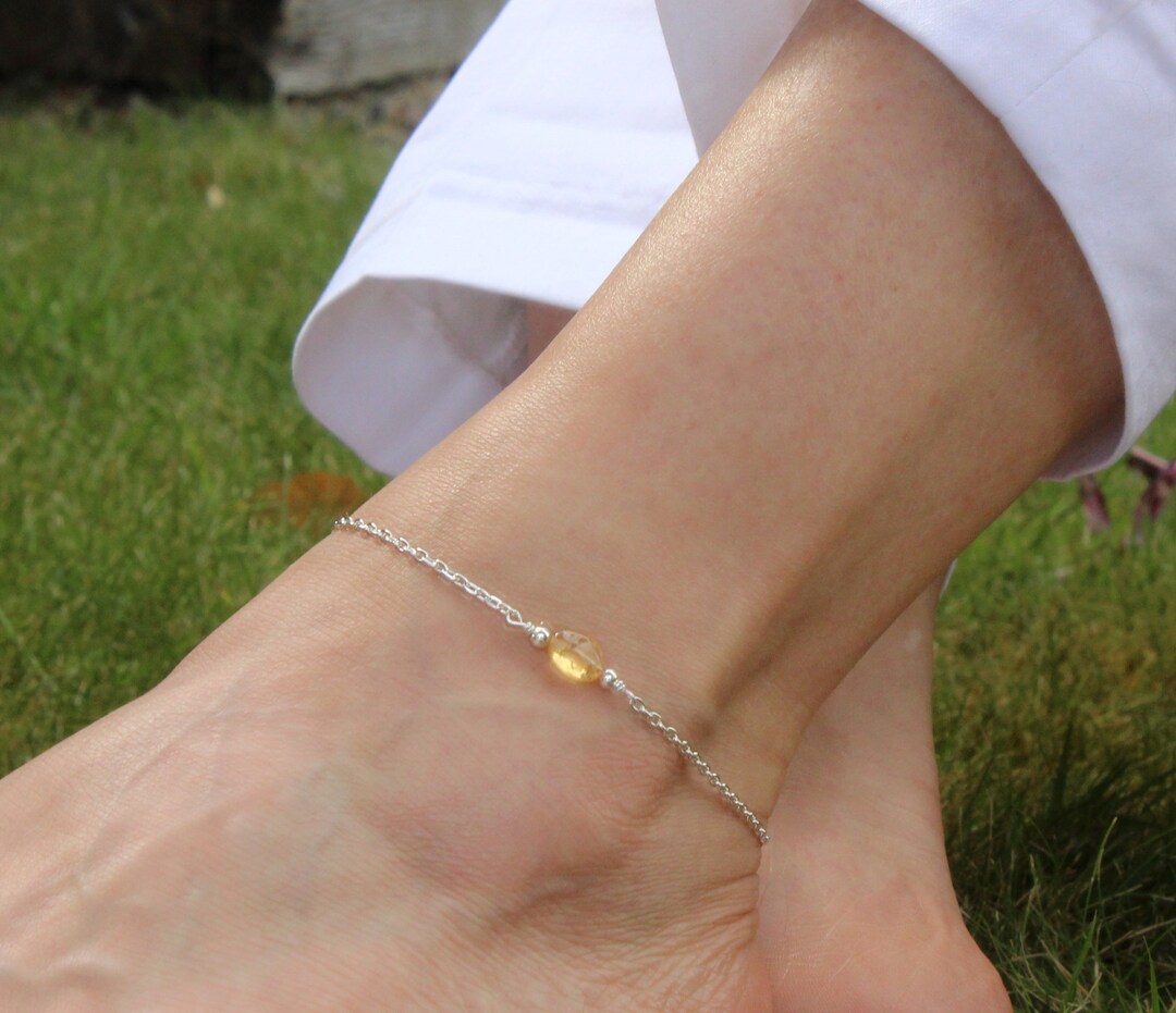 Silver Citrine Anklet, Gemstone Ankle Bracelet, Yellow Citrine