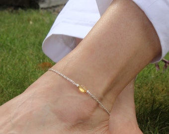 Silver citrine anklet, Gemstone ankle bracelet, Yellow citrine crystal anklet, Bridesmaid gift, Boho style anklet, Layering anklet