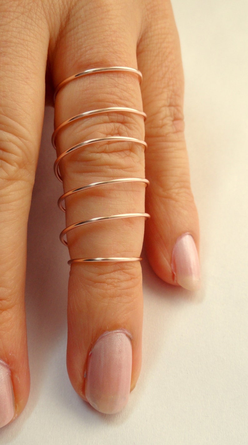 Anello a dito intero in filo d'oro rosa, anello lungo a spirale in oro rosa, anello regolabile in filo d'oro rosa immagine 2