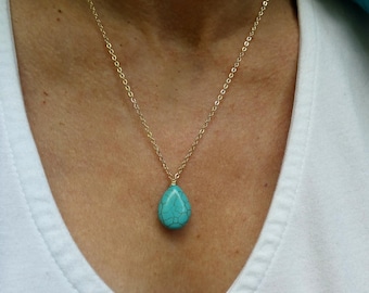 Gold Turquoise Teardrop Necklace: December Birthstone, Delicate Gemstone