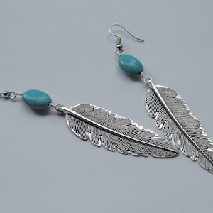Silver feather and turquoise earrings, Boho earrings, Feather earrings, Silver bohemian earrings, Boho turquoise earrings, Boho jewellery