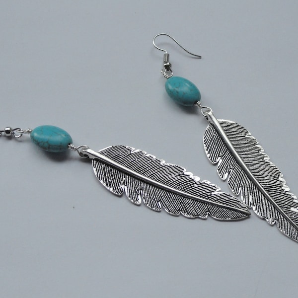 Silver feather and turquoise earrings, Boho earrings, Feather earrings, Silver bohemian earrings, Boho turquoise earrings, Boho jewellery