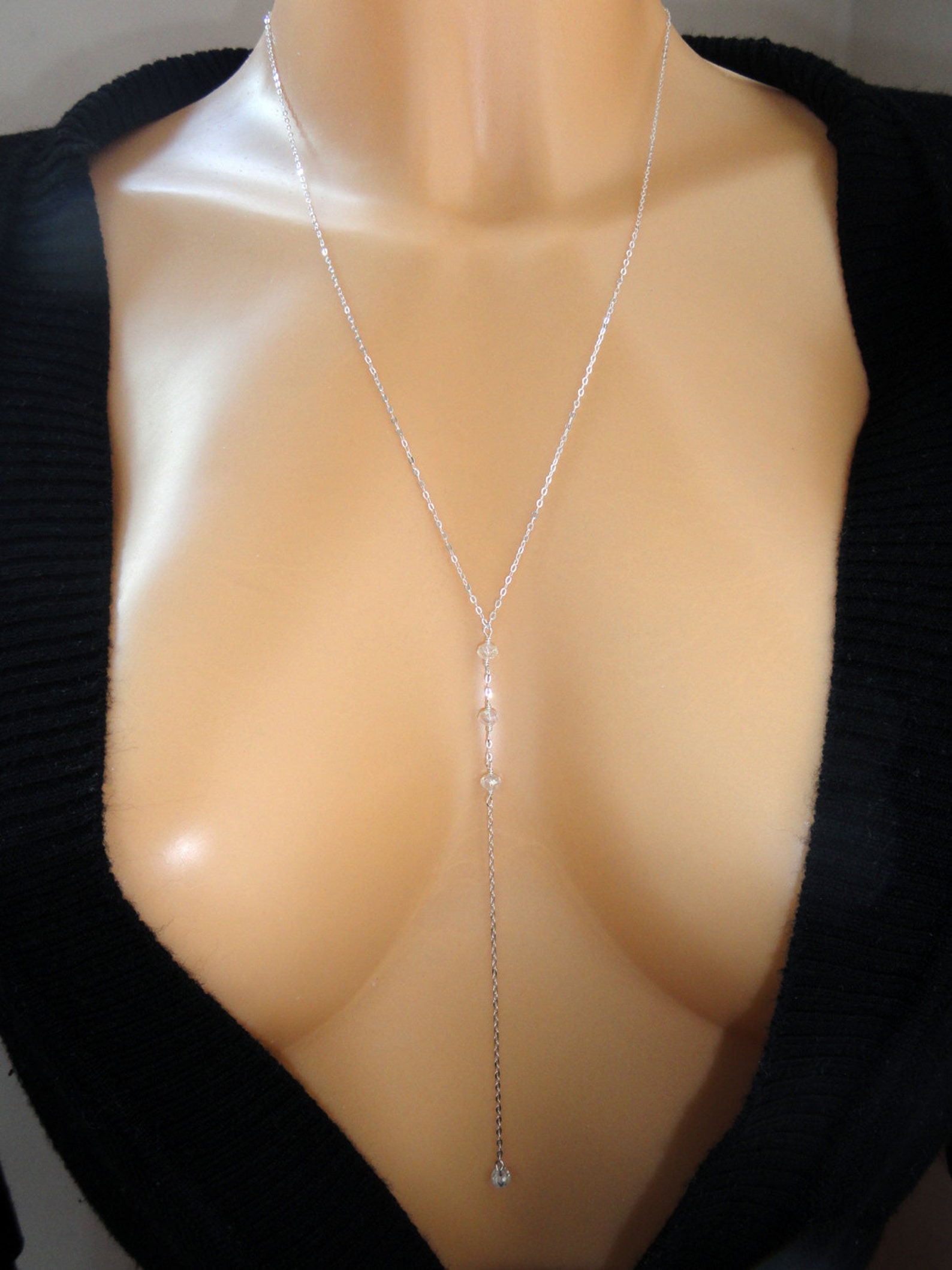 Sterling Silver Long Lariat Necklace Sterling Silver Crystal Etsy