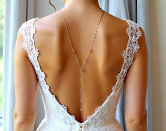 Long Sterling Silver Diamond CZ Lariat Back Necklace – Bridal Back Drop Necklace