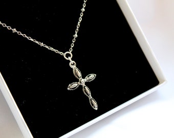 Cross necklace, Antique silver cross necklace, Faith necklace, Religious jewellery, Faith necklace, Long silver cross necklace, Small cross