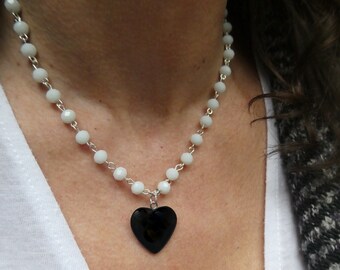 White crystal necklace with black onyx heart pendant, Gothic bridal necklace, Statement necklace, White stone necklace, Elegant necklace