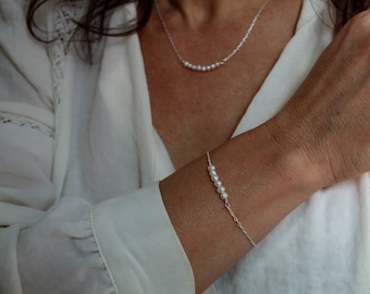 Pearl necklace and bracelet set, Sterling silver pearl necklace, Bridal pearl jewellery set, Pearl bracelet, June birthstone set