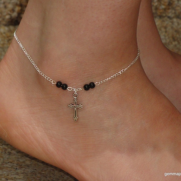 Silver cross onyx anklet, Cross onyx ankle bracelet, Cross jewelry, Silver cross onyx anklet, Ankle bracelet uk