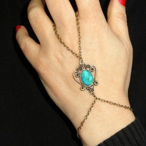 Slave bracelet, Boho turquoise slave bracelet, Finger bracelet, Bronze turquoise hand bracelet, Bohemian hand jewelry, Boho slave bracelet