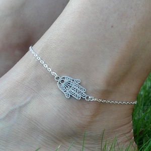 Bransoletka na kostkę Hamsa, Srebrna bransoletka na kostkę Hamsa, Prezent z Ręką Fatimy, Bransoletka na kostkę Hamsa, Amulet na kostkę, Prezent na szczęście Hamsa
