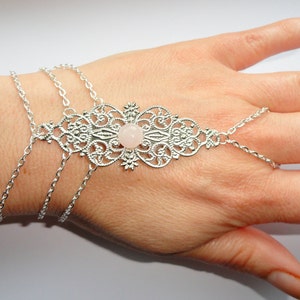 Slave bracelet, Multi chain slave bracelet with rose quartz gemstone, Multi chain Silver hand bracelet ring, Bohemian hand jewelry
