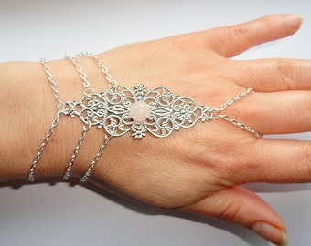 Slave bracelet, Multi chain slave bracelet with rose quartz gemstone, Multi chain Silver hand bracelet ring, Bohemian hand jewelry
