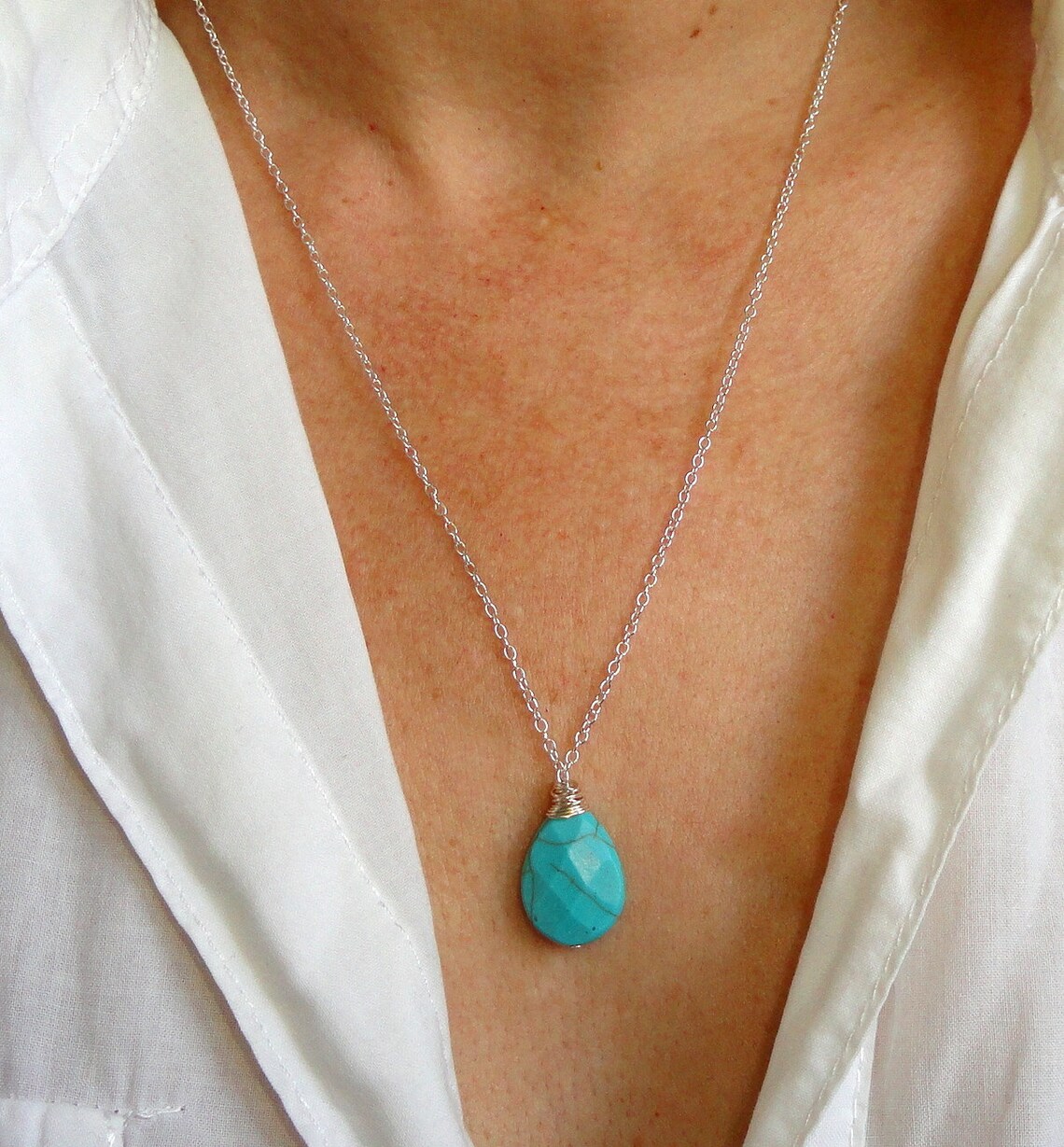 Silver Turquoise Necklace Delicate Silver Turquoise Necklace | Etsy