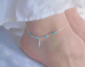 Sterling silver turquoise feather anklet, Bohemian ankle bracelet