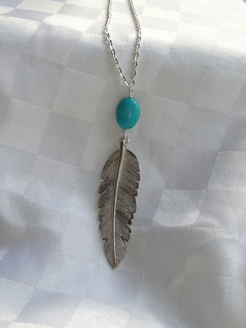 Silver Feather & Turquoise Necklace Silver Boho Necklace Etsy