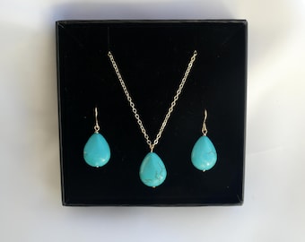 Gold Filled Turquoise Necklace Earrings Set: Teardrop Pendant, December Birthstone