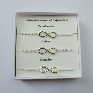 Op de afbeelding: Drie zilveren armbanden met oneindigheidssymbolen in een witte doos. De armbanden zijn gelabeld met "Grootmoeder", "Moeder" en "Dochter". De doos heeft de tekst "Drie generaties van oneindige liefde".