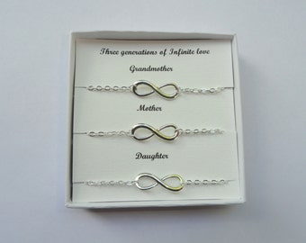 Grandmother - Mother - Daughter gift with THREE infinity bracelets, Silver infinity bracelet, Personalised gift,  Eternity bracelet,