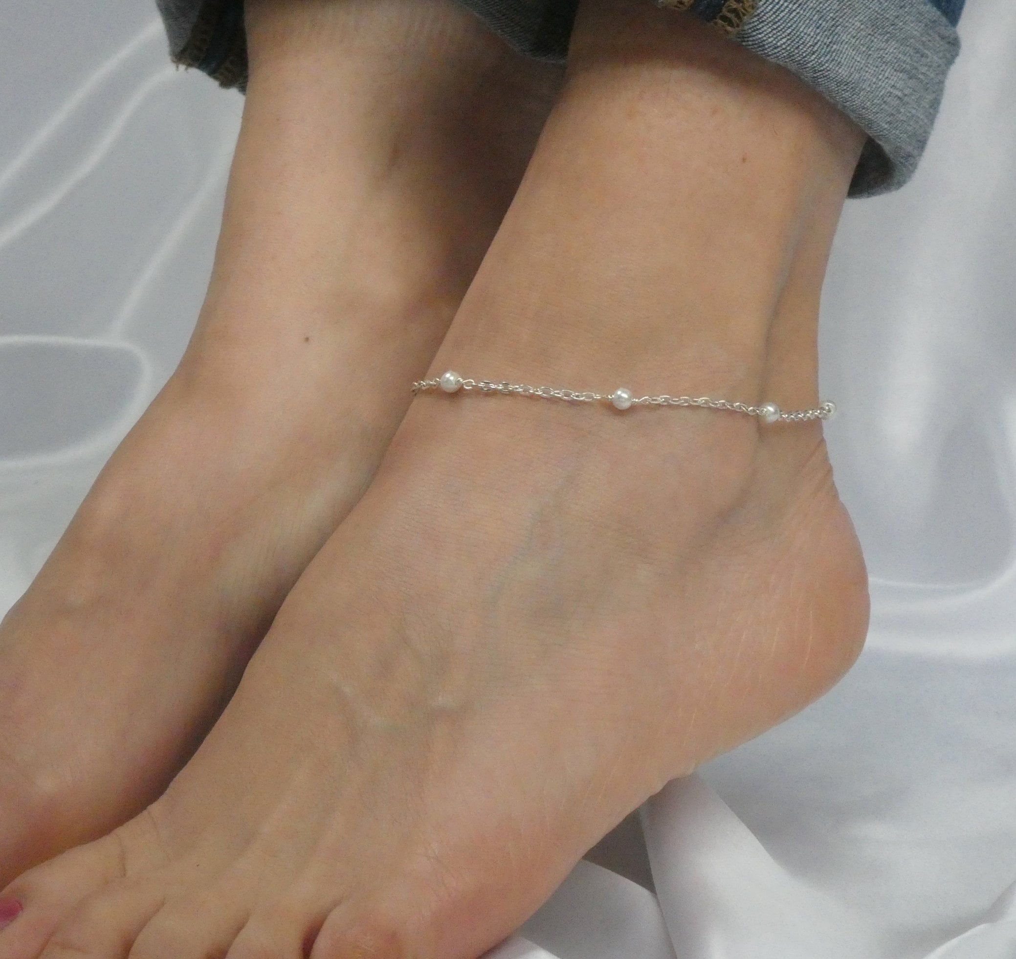 Silver Pearl Ankle Bracelet, Pearl Bridesmaid Anklet, June