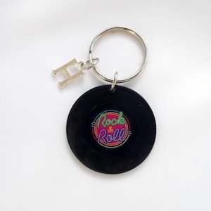 Retro music vinyl album keyring, Unisex keyring with initial, Gift for Dad, Musician gift, Gift for singer artist music lover