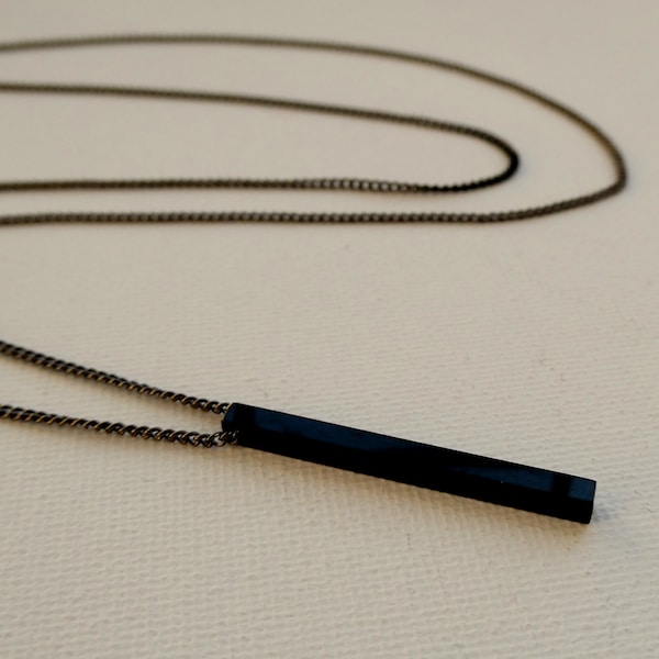 Long black rectangular bar necklace, Stainless steel black geometric bar necklace, Gunmetal black pendant necklace, Men's necklace
