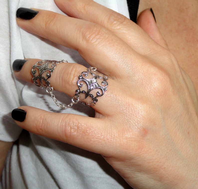 Silver slave ring, Statement ring, Silver filigree adjustable rings, Goth ring, Silver gothic ring, Filigree ring, silver chain rings, image 3