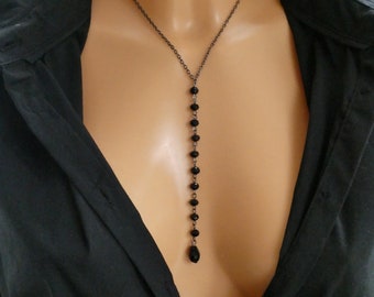 Gunmetal Black Crystal Lariat Necklace: Teardrop Y Chain