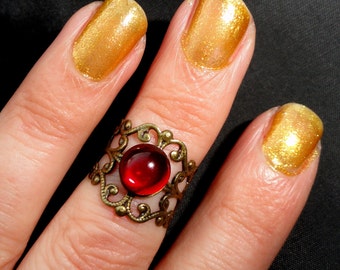 Bronze ruby red glass knuckle ring, Ruby glass cabochon ring, Bronze knuckle ring, Unique ring, Adjustable ring, Gifts