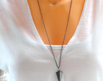 Hematite Arrowhead Necklace: Gunmetal Chain, Unisex Geometric Pendant