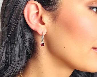 Sterling Silver Garnet Huggie Hoop Earrings: January Birthstone Gift