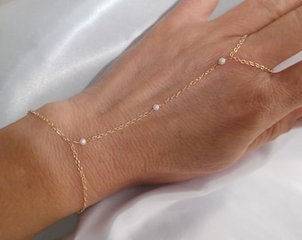 Gold pearl slave bracelet, Gold fill bracelet with 3 small freshwater pearls, Pearl bracelet, Pearl bridal bracelet, June birthstone gift