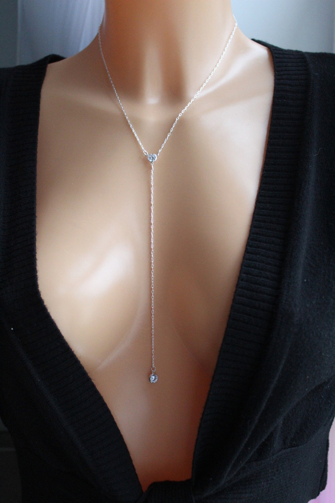 Sterling Silver Lariat Necklace, Silver Crystal Lariat Necklace, Long